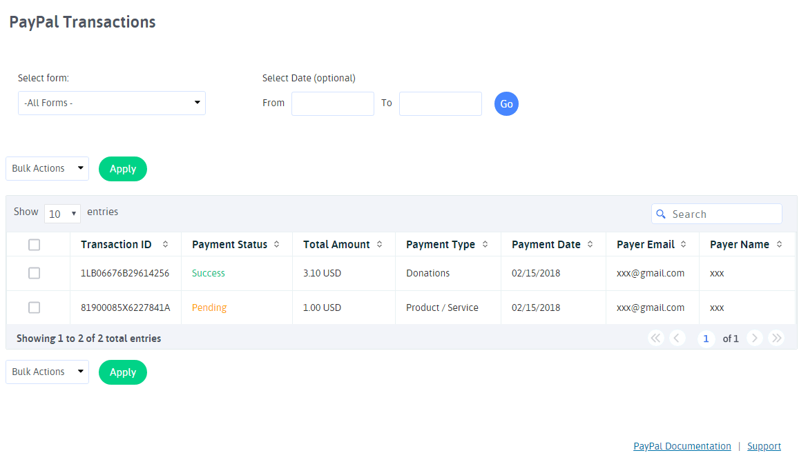 ARFoms PayPal - Paypal Transactions